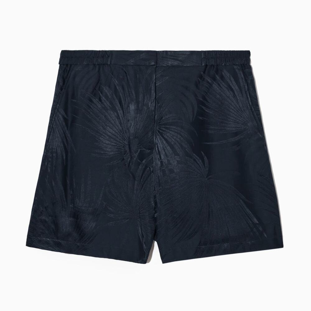 COS Navy Blue Palm Leaf Pattern High Waist Silk Blend 3 Inch Inseam Shorts XS